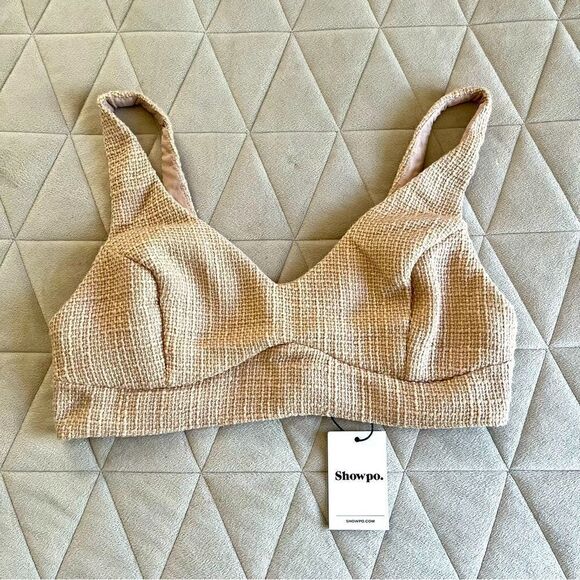 NEW Showpo. Melbourne Twill Tailored V Neckline Crop Top Bra in Stone Size US 8 - Picture 3 of 10
